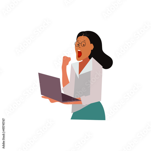 Happy lady bring a laptop computer
