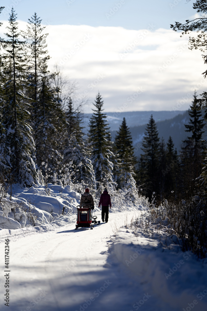 Mother and daughter walking on a winter road. Cold but sun. Shot in Gol, Hallingdal.