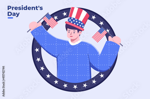 Flat style illustration of Happy President Day, Federal holiday in America, Happy President's Day design with people wear Uncle Sam hat, United State of America or USA Celebrating President's Day