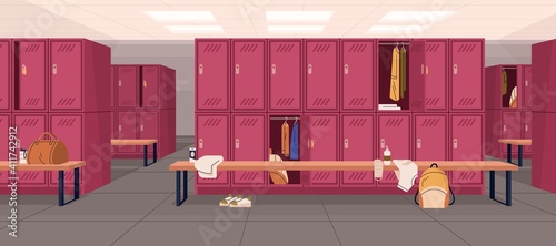 Dressing or locker room in sports club or gym with bags and towels. Interior design of public area for changing clothes with personal compartments and benches. Colored flat vector illustration