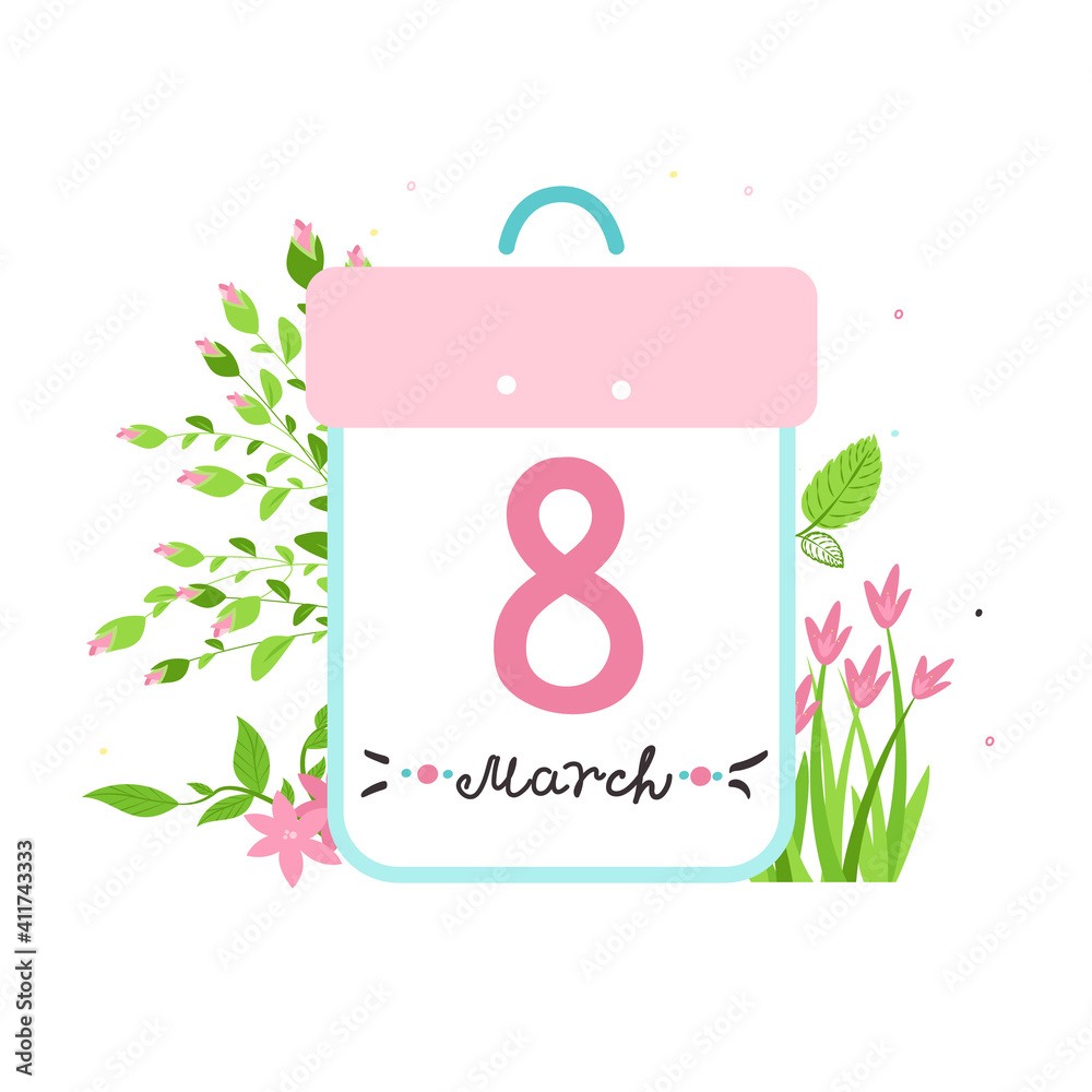 8 march calendar concept womens day. Lettering and pink number 8. Roses, tulips, leaves in the background. Cute postcard. Vector illustration. Hand-drawn style. 8 march calendar concept womens day. Lettering and pink number 8. Roses, tulips, leaves in the background. Cute postcard. Vector illustration. Hand-drawn style.