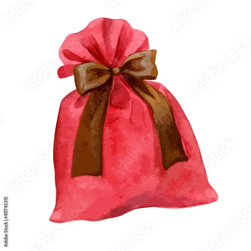 A red present sack with brown ribbon