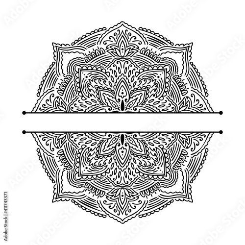 Graphic half for inscription round traditional mandala abstract isolated in white background.Boho indian shape.Ethnic oriental style.