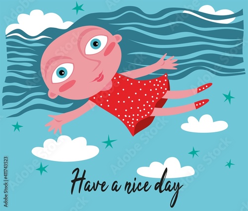 A girl in a red dress and with blue hair flies among the clouds
