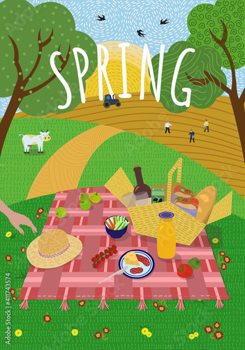 Spring picnic in rising sun nature. Lawn hills and trees, cow grazes and swallows fly. Sowing campaign and tractor plows land. Blanket with food basket. Cute handwritten springtime illustration poster