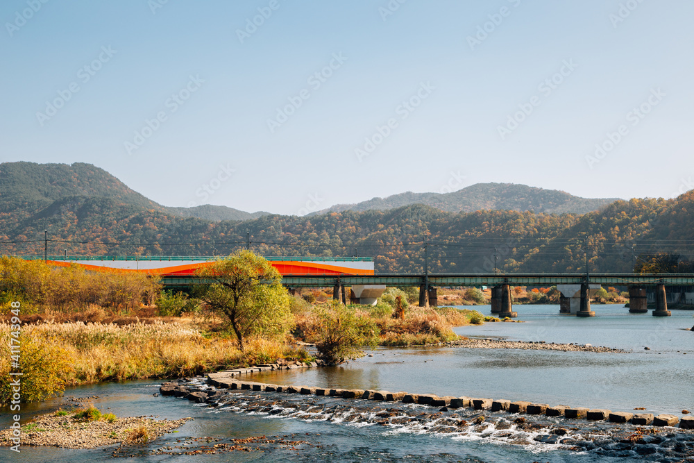Miryang river and mountain at autumn in Miryang, Korea