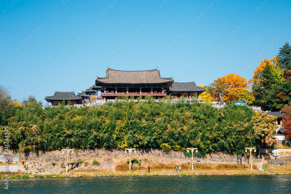 Yeongnamnu Korean traditional pavilion and Miryang river at autumn in Miryang, Korea