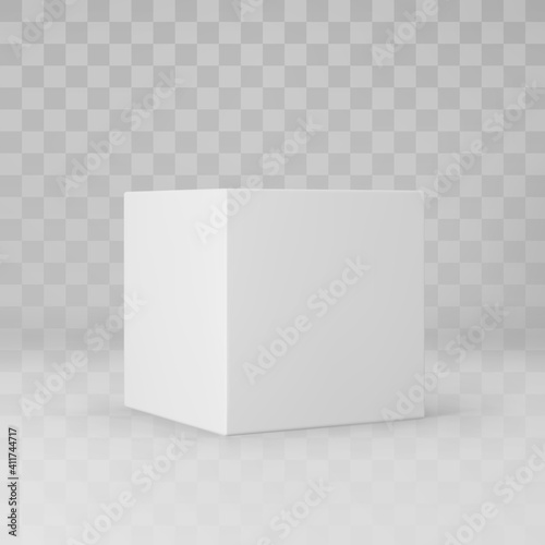 White 3d cube with perspective isolated on transparent background. 3d modeling box with lighting and shadow. Realistic vector icon