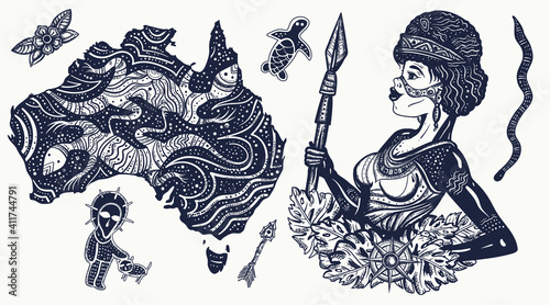 Australia. Old school tattoo vector collection. Ethnic Australian woman in traditional costume and map. Aboriginal tribes.Tradition, people, culture
