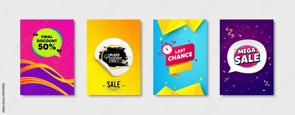 Mega sale, Last chance and Black friday set. Sticker template layout. Final discount sign. Sale offer, discount sticker, paint brush banner. Promotional tag set. Speech bubble banner. Vector