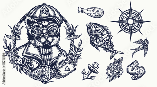 Sailor cat. Sea adventure old school tattoo vector elements. Funny pets art, animals hand drawn