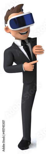 Fun 3D illustration of a cartoon businessman with a VR helmet