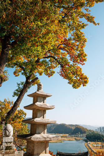 Panoramic view of Miryang river and mountain at autumn in Miryang, Korea photo