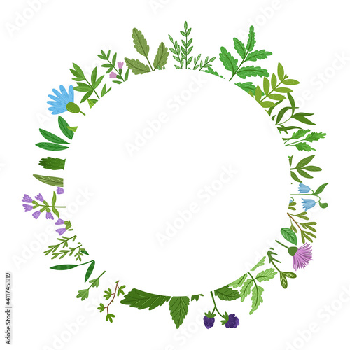 Wild herbs wreath. Cartoon leaves,brunches,flowers,twig isolated on white background. Vector hand drawn illustration.