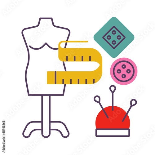 Sewing and tailoring icons, needlework vector illustration flat style design isolated on white. Colorful graphics