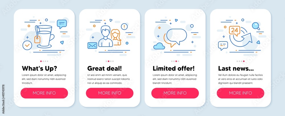 Set of Business icons, such as Teamwork, Talk bubble, Tea symbols. Mobile screen banners. 24 hours line icons. Man with woman, Chat message, Glass mug. Repeat. Teamwork icons. Vector