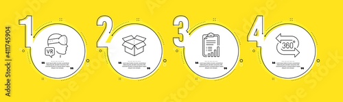 Open box, Checklist and Augmented reality line icons set. Timeline process infograph. 360 degree sign. Delivery package, Graph report, Virtual reality. Technology set. Vector