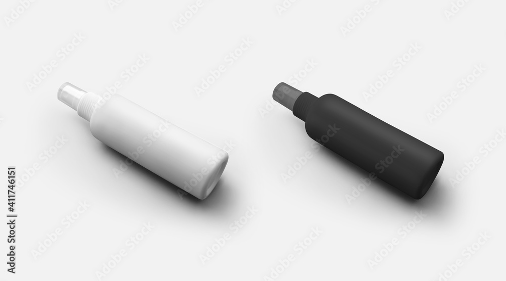 Template of a matte white, black bottle with a dispenser, with a lid, packaging for liquid, antiseptic, for presentation of design. Template of a matte white, black bottle with a dispenser, with a lid, packaging for liquid, antiseptic, for presentation of design.