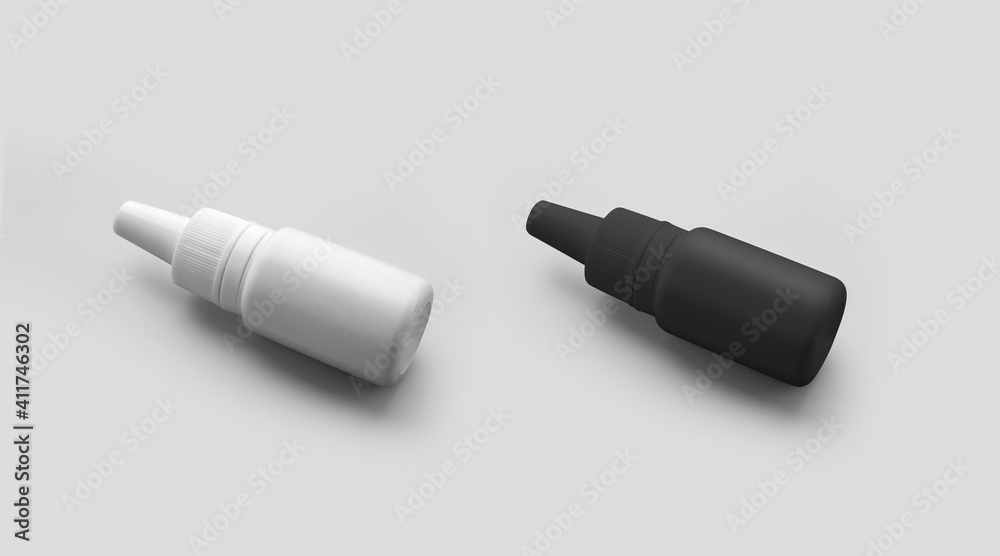 Template of white, black jar with dropper, bottle with pipette for drops, isolated on background. Template of white, black jar with dropper, bottle with pipette for drops, isolated on background.