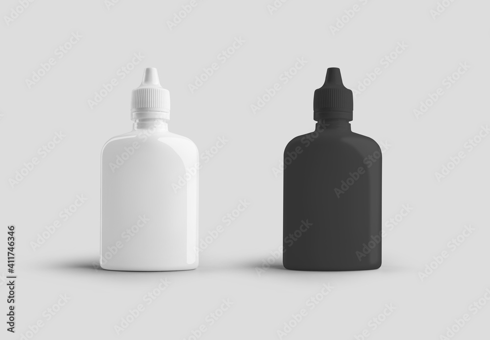 Mockup of plastic white, black jar with lid, dropper for nose, eyes, ears, bottle for liquid, medicine, glue, isolated on background. Mockup of plastic white, black jar with lid, dropper for nose, eyes, ears, bottle for liquid, medicine, glue, isolated on background.