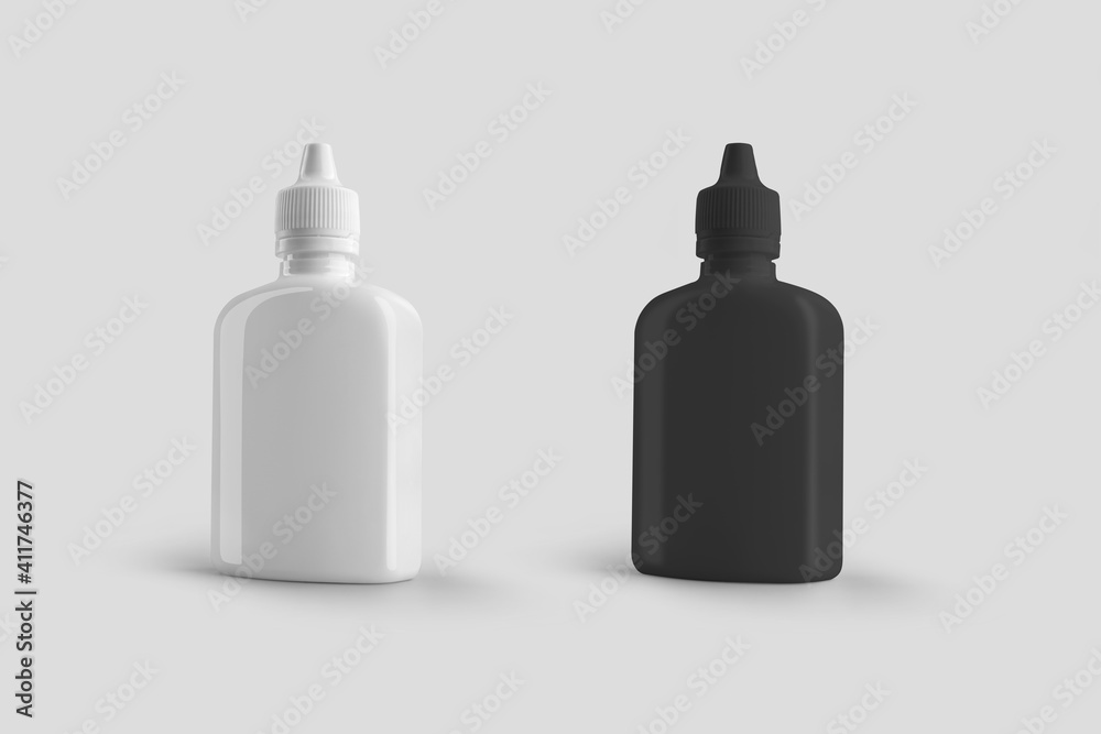 Mockup of a plastic white, black bottle with a screw cap, a jar with a pipette, isolated on background. Mockup of a plastic white, black bottle with a screw cap, a jar with a pipette, isolated on background.