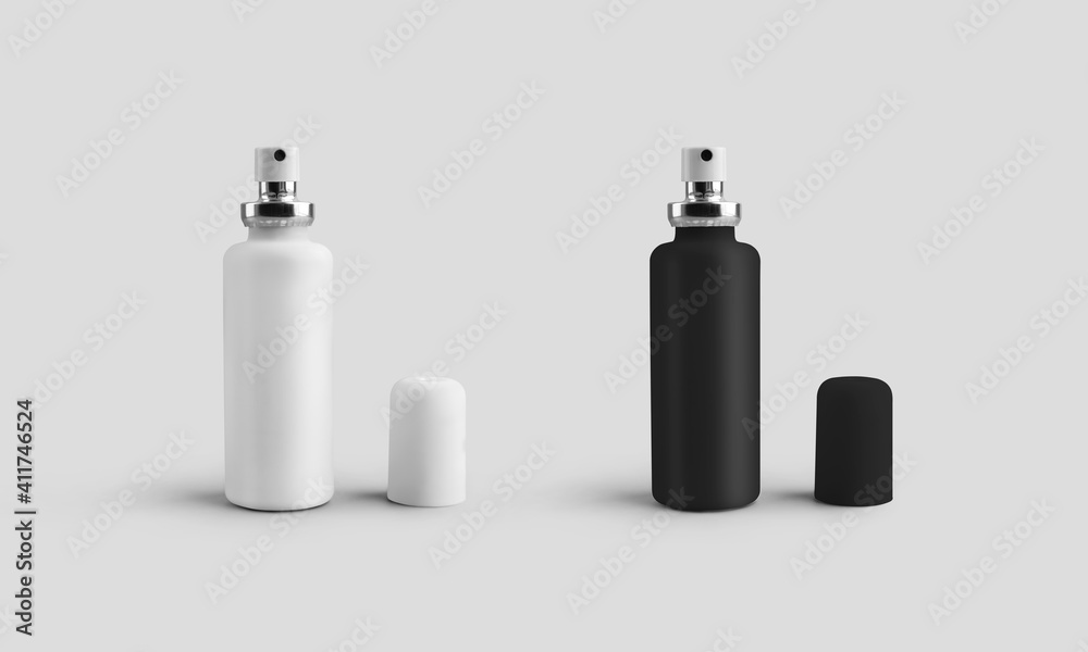 Mockup of a white, black spray bottle, for liquid, perfume, antiseptic, plastic matte vial for design presentation, advertising.