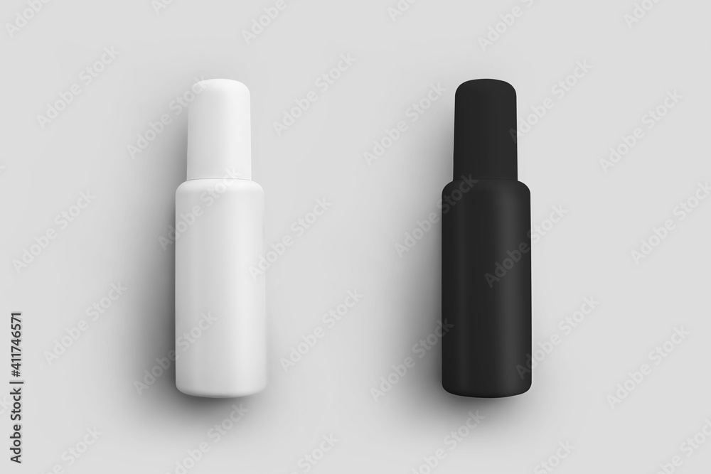 Template of a plastic white, black bottle with an atomizer, packaging for cosmetics, spray, jar for design presentation. Template of a plastic white, black bottle with an atomizer, packaging for cosmetics, spray, jar for design presentation.