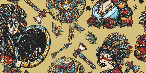 Native American Indian old school tattoo seamless pattern. Ethnic warrior girl, shamanic female, dream catcher, owl and old cherokee shaman. Tribal culture and history. Traditional tattooing style