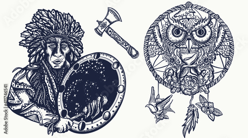 Native American Indian old school tattoo vector collection. Tribal culture and history. Traditional tattooing style. Ethnic warrior, dream catcher, owl and old cherokee shaman