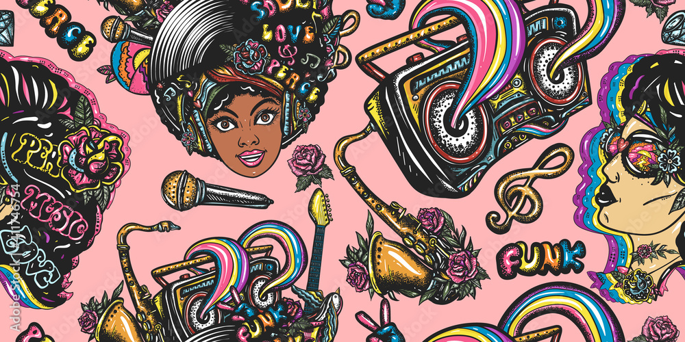 Disco, funk and soul. Lifestyle musical background. Old school music art.  Seamless pattern. African American funky woman. Fashion hippie girl, audio  type and rainbow boom box Stock Vector | Adobe Stock