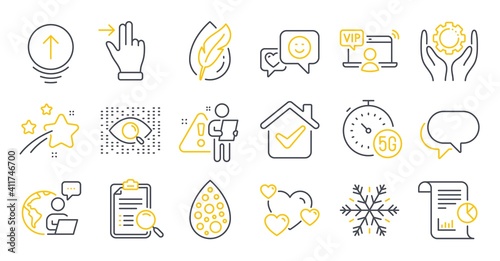 Set of Technology icons, such as Artificial colors, Smile, Talk bubble symbols. Heart, Report, Air conditioning signs. Employee hand, 5g internet, Hypoallergenic tested. Vip access. Vector