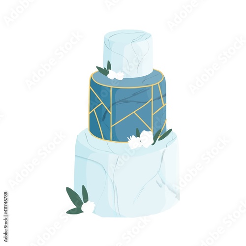 Wedding or birthday dessert decorated with flowers, leaves and golden geometric ornament. Festive three-tiered blue cake with marble frosting. Colored vector illustration isolated on white background