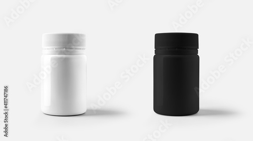 Mockup glossy round jar with lid for pills, supplements, plastic box for design presentation.