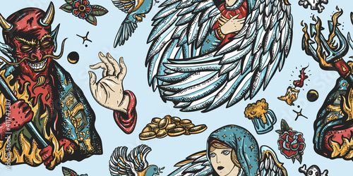 Angel and demon. Religious seamless pattern. Old school tattoo vector art. Good and evil concept. Terrible satan with pitchforks and holy nun. Sin and holiness. Paradise and Hell art
