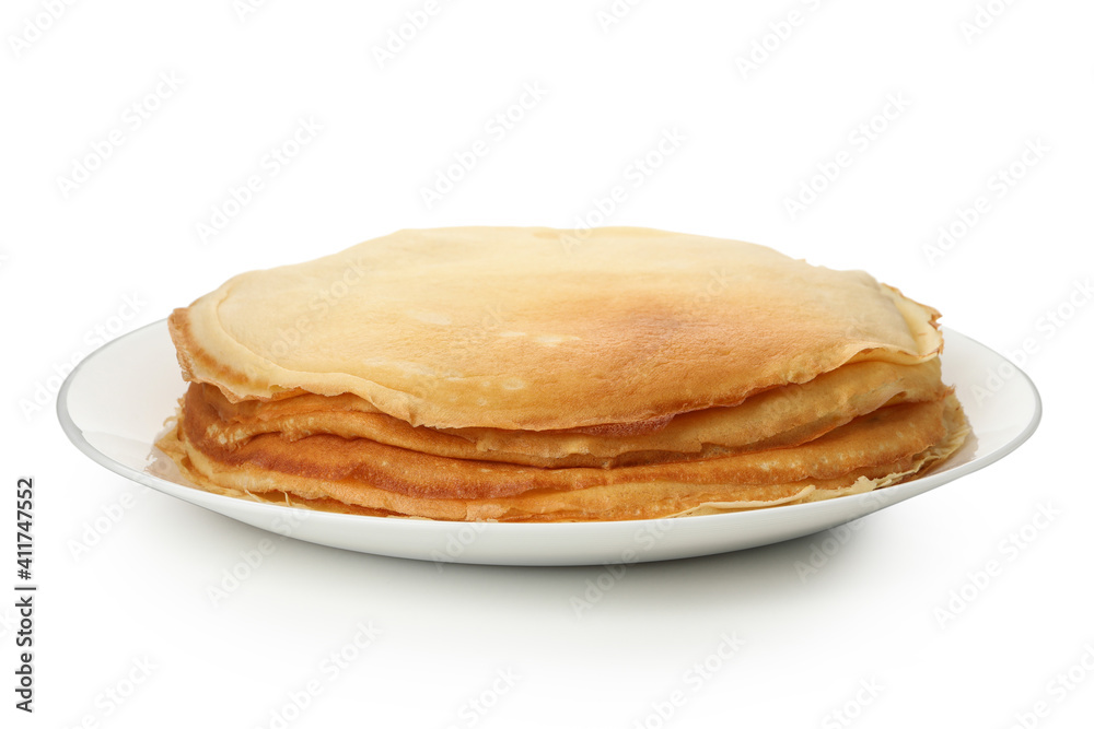 Plate with thin pancakes isolated on white background Plate with thin pancakes isolated on white background