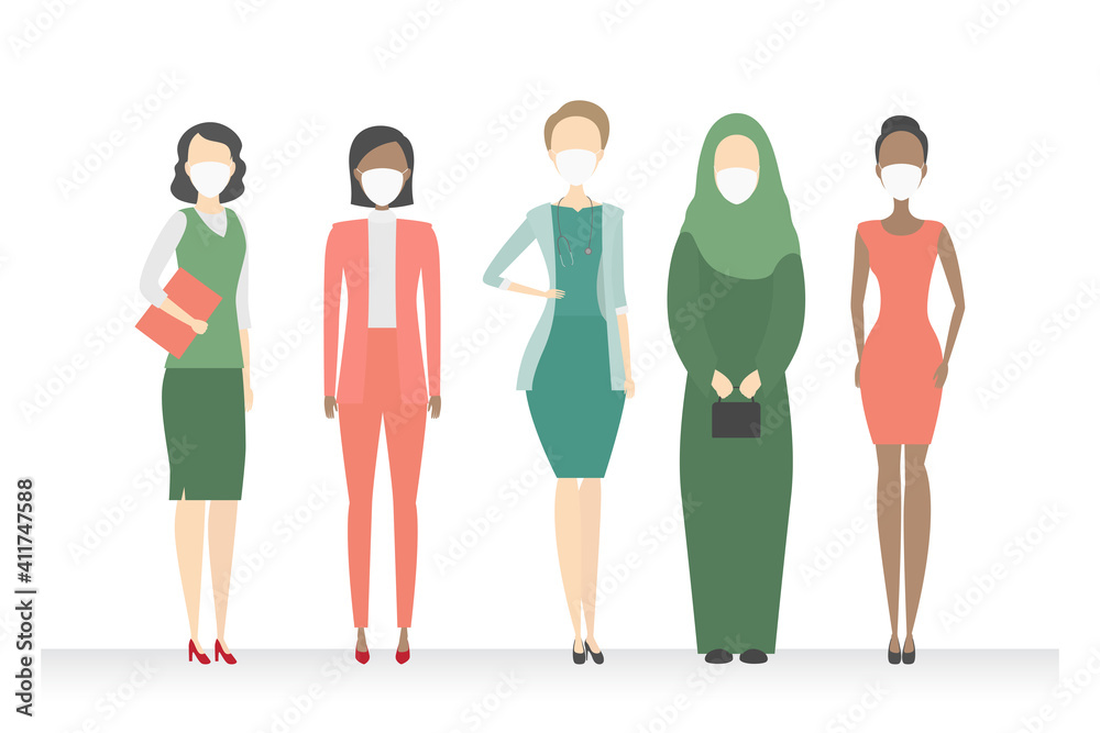 Fototapeta premium Women of different nationalities in protective masks. Vector illustration.