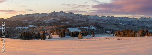 Beautiful mountain landscape during romantic winter sunrise - Tatra Mountains, Poland