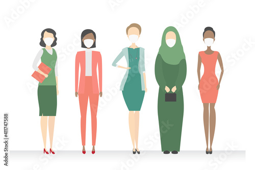 Women of different nationalities in protective masks. Vector illustration.