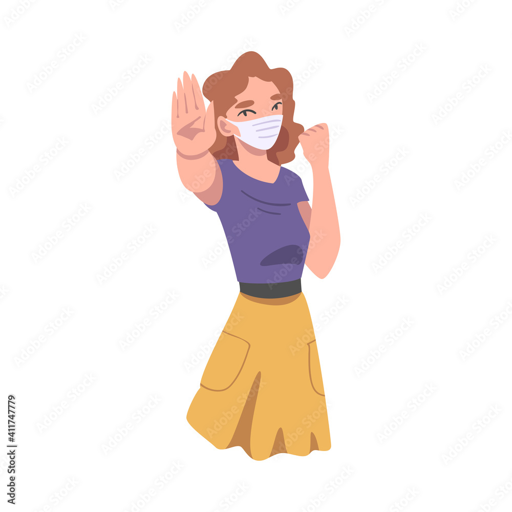 Woman Wearing Face Mask Showing Hand with Clenched Fist as Stop Virus Sign Vector Illustration Woman Wearing Face Mask Showing Hand with Clenched Fist as Stop Virus Sign Vector Illustration