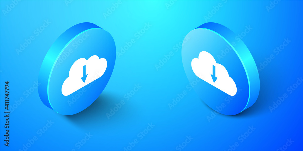 Isometric Cloud download icon isolated on blue background. Blue circle button. Vector.