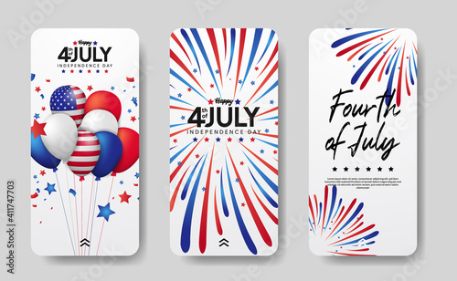 modern social media stories set of american independence day, 4th july of usa. group balloon and bursting colorful firework illustration