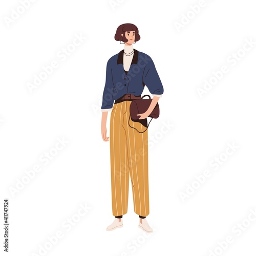 Stylish modern woman in fashion outfit. Model wearing casual turtleneck and blouse tucked in striped pants. Trendy layered clothes in street style. Colored flat vector illustration isolated on white