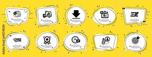 Technology icons set. Speech bubble offer banners. Yellow coupon badge. Included icon as Loyalty award, Education, Copyright laptop signs. Travel loan, Target purpose, Downloading symbols. Vector