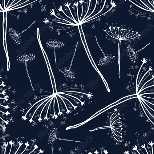 White hand drawn dill inflorescences on a dark-blue background. Vector seamless pattern. Design for fabric, print, wrapping, wallpaper.