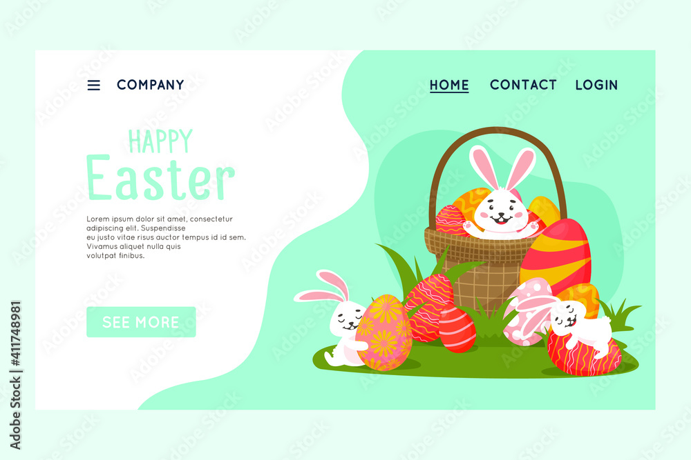 Fototapeta premium Happy Easter vector website template, web page and landing page design for website and mobile website development. Rabbit in a basket with Easter eggs and two rabbits hugging Easter eggs.