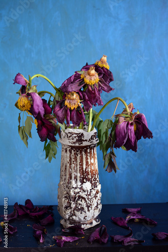 Photography Withered peony flowers in vintage vase