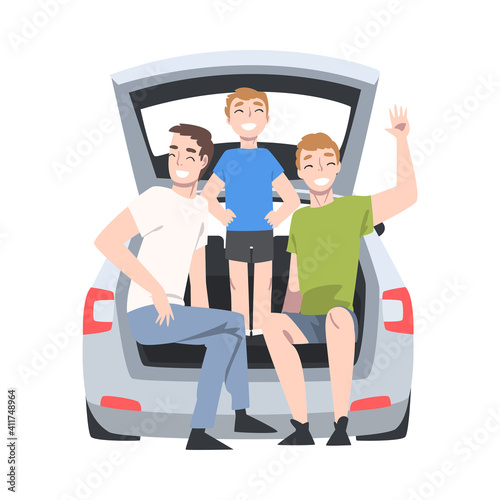 Man and Boy Kid Sitting in Car Trunk Taking Picture Posing Vector Illustration