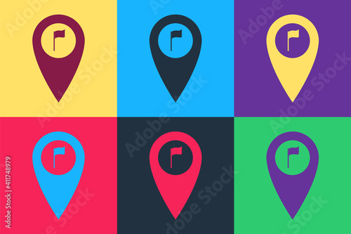 Pop art Map pointer with golf flag icon isolated on color background. Location marker symbol. Vector.