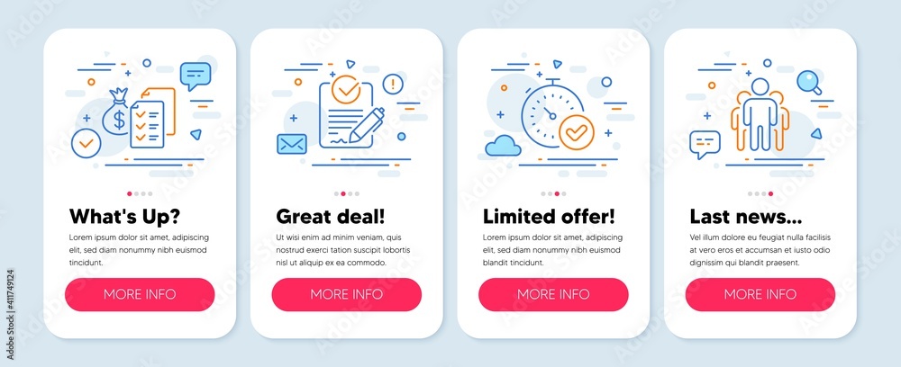 Set of Education icons, such as Accounting wealth, Fast verification , Rfp symbols. Mobile screen mockup banners. Group line icons. Audit report, Timer, Request for proposal. Managers. Vector