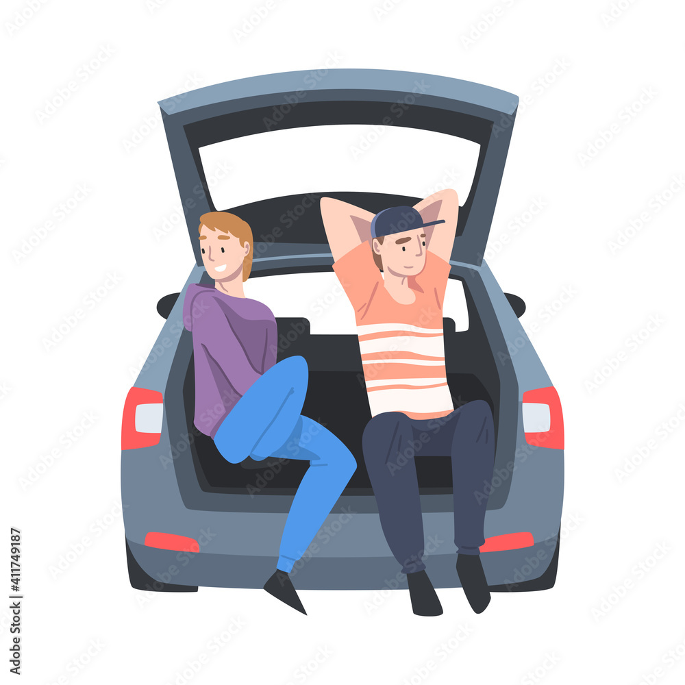 Man Friends Sitting in Car Trunk Taking Picture Vector Illustration Man Friends Sitting in Car Trunk Taking Picture Vector Illustration